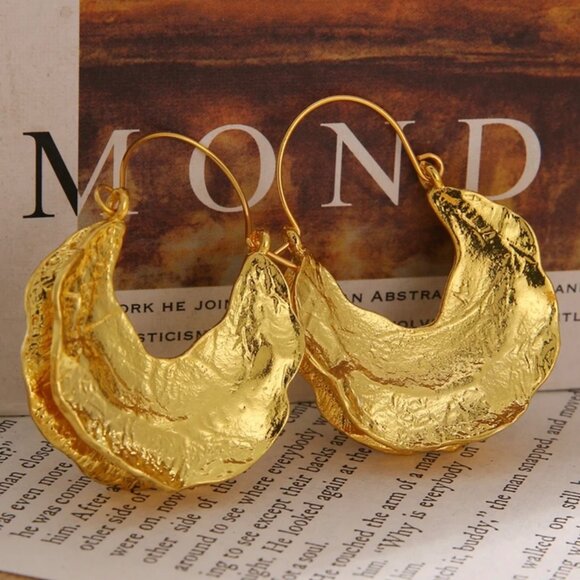 New African Fulani Basket Hoop Earrings 14K Gold Plated Textured Metal Boho - Picture 8 of 12